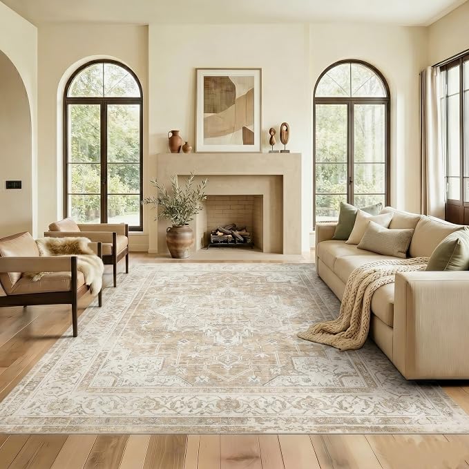 6x9 Area Rug for Living Room-Vintage Farmhouse Boho Floral Neutral Washable Stain Resistant Indoor Carpet for Bedroom Office and Home Decor(Beige&Brown)