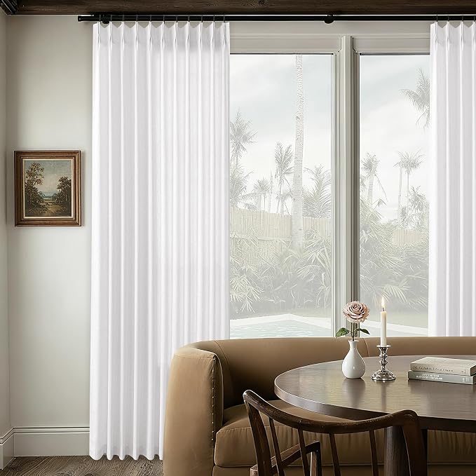 White Pinch Pleated Linen Curtains 96 Inches Long 72 Wide Semi Sheer | Light Filtering, Pleat Window Curtain, Boho Neutral, Drape for Track System, Living Room Bedroom, Hooks Rings, 1 Panel, 72x96