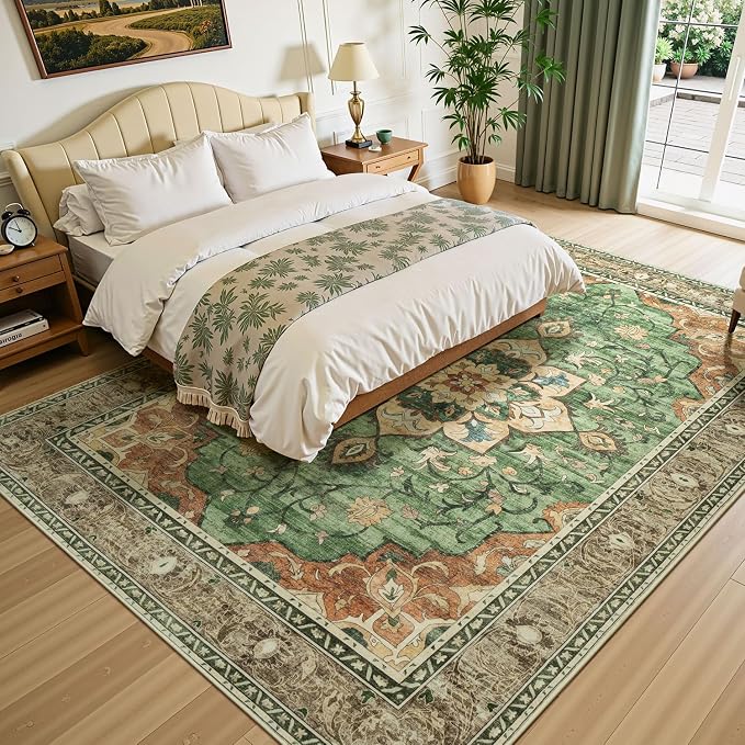 Lessymo Washable Area Rug for Living Room,9x12 Large Rugs with Non-Slip Backing,Soft Boho Carpets for Bedroom Dining Room Nursery Home Office,Light Orange