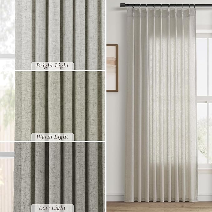 Aersas Silver Pinch Pleat Linen Curtains 102 Inch Length 2 Panels Set for Bedroom Dinging Room Semi Sheer Boho Farmhouse Neutral Window Curtains 102 Inches Long for Living Room Nursery 40x102