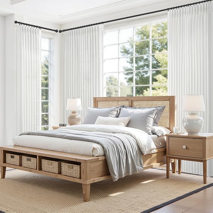 Pinch Pleated Pure White Thick Linen Curtains 96 Inches Long for Living Room 4 Panels Set, Memory Shape Sheer Light Filtering Country Drapes 96 Inch Sliding Door Window Curtain with Hooks & Rings