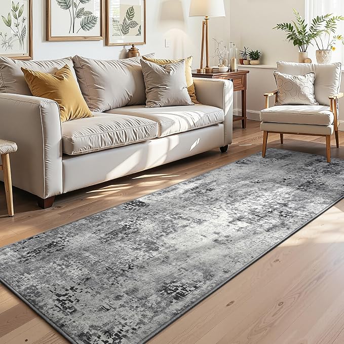 3x8 Grey Rug Runners for Hallways Kitchen Runner Rug Non Slip Washable Black Long Runner Rugs with Rubber Backing Soft Abstract Carpet Runner for Bedroom, Kitchen, Bathroom, Entryway