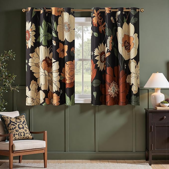 jinchan Black Boho Floral Blackout Curtains 63 Inch Grommet 2 Panels | Room darkening, Vintage, living room, bedroom, privacy, floral print, flower pattern, fall decor, window treatments