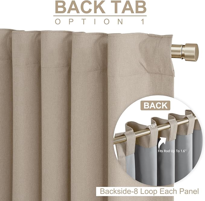 100% Blackout Shield Linen Blackout Curtains for Bedroom 108 Inches Long, Back Tab/Rod Pocket Living Room Drapes, Thermal Insulated Blackout Curtains 2 Panels Set, 50" W x 108" L,Burlywood Birch
