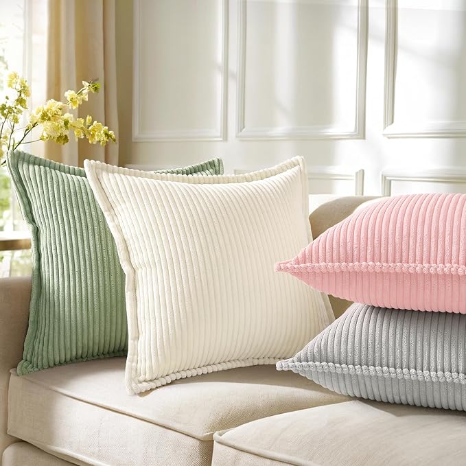 decorUhome Fall Corduroy Pink Throw Pillow Covers 26x26 Set of 2 | Euro Sham Couch Decorative Soft Modern Boho Farmhouse Pillow Covers Broadside Striped Pillow Cases for Living Room Bed Sofa
