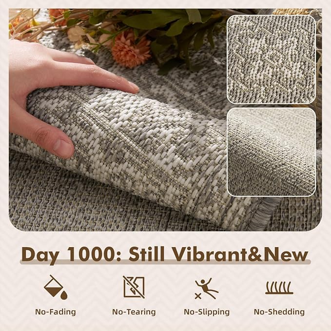 MontVoo-Outdoor Rug-Patio Rug 5x7 ft Polypropylene Indoor Outdoor Rugs Carpet for Patio Deck Balcony Porch, Textured Weave, Durable for High Traffic, Fade-Resistant, Vintage Medallion Silver Grey