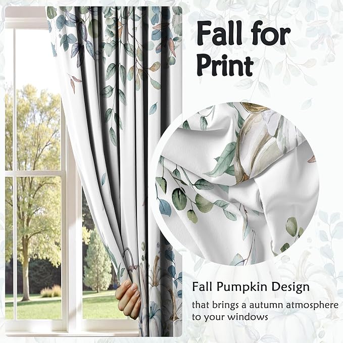 Blue Pumpkin Window Curtains 52 x 63 in, Fall Farmhouse Drapes with White Pumpkin Eucalyptus Leaf Print, Watercolor Autumn Curtains for Bedroom Living Room