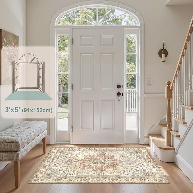 Tortania Area Rug Living Room Rugs - 3x5 Washable Rug Vintage Oriental Distressed Farmhouse Small Thin Indoor Carpet for Living Room Bedroom Under Dining Table Home Office - Rust/Cream