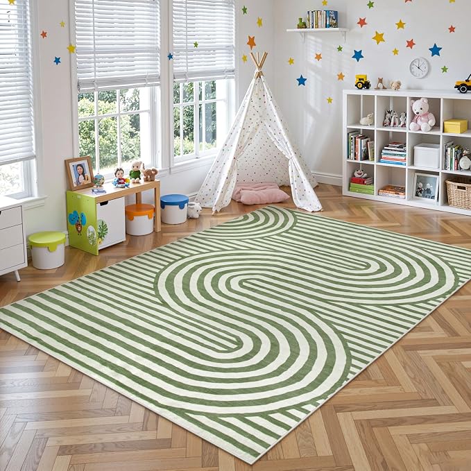 Lahome Green Washable Rug 5x7, Soft Kids Bedroom Rug Mid Century Modern Area Rugs for Living Room, Non-Slip Ultra-Thin Stain Resistance Abstract Rug for Classroom Nursery Playroom Office Alba(5'X7')
