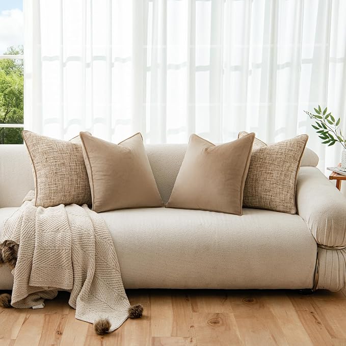 a moment Khaki 4 Pack Throw Pillow Covers - Chenille & Velvet Set with Piping, Farmhouse Textured Design Pillow Cases for Couch Sofa Bed Livingroom (22x22 Inch, No Insert)
