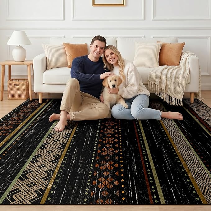 BESTSWEETIE 8x10 Area Rugs for Living Room Washable Moroccan Farmhouse Neutral Geometric Low Pile Non-Slip Soft Print Pattern Rug for Bedroom Kitchen Dining Room Entryway Black/Red/Brown/Cream/Yellow