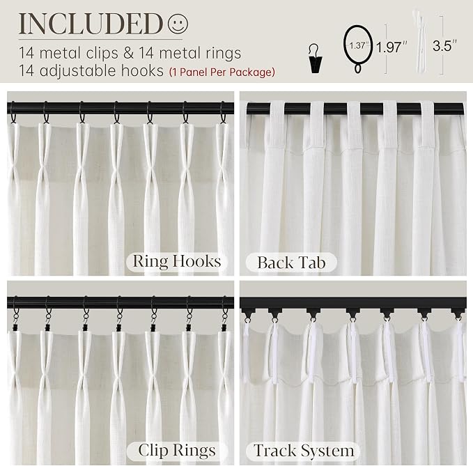 80 Inch Extra Wide Pinch Pleated Curtains 108 Inch Length for Living Room Large Window Drapes Light Filtering Privacy for Bedroom Back Tab with Hooks Clip Rings Natural 80W x 108L