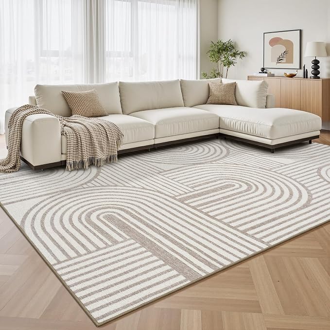 Beige Neutral 9x12 Area Rugs Textured Tufted Rugs for Living Room Bedroom Rug-Carpet Cream Ivory Washable Geometric Moroccan Modern Rug