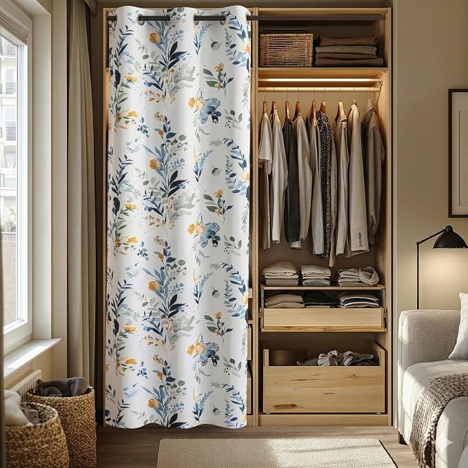 MYSKY HOME Floral Blackout Door Curtain 80 inch Long for Doorway Privacy Grommet Closet Curtain for Open Closet Room Divider for Bedroom Living Room, 1 Panel, Yellow and Blue, 34" W
