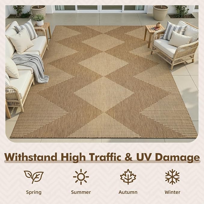 MontVoo-Outdoor Rug Carpet Patio Rug 6x9 ft Polypropylene Indoor Outdoor Rugs for Patio Deck Balcony Porch, Textured Weave, Durable for High Traffic, Fade-Resistant, Boho Geometric Neutral Brown