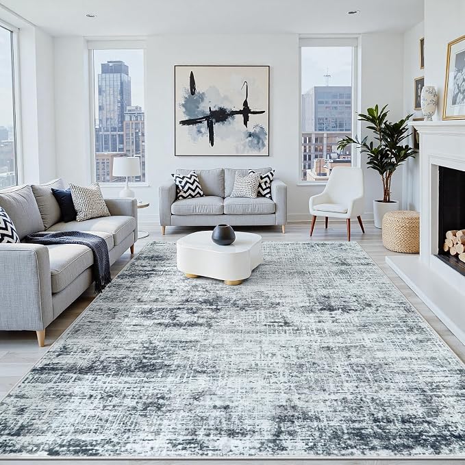 6x9 Area Rugs Washable Rug: Anti-Skid Abstract Modern Living Room Rug Soft Thin Carpets Indoor Floor Non-Shedding Carpet for Bedroom Dining Farmhouse Nursery Home Office (Black/Grey/White,6'x9')