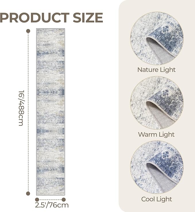 2'6 x 16' Runner Rug Non Slip,Washable Kitchen Rugs,Blue | 16ft Runner Rug for Hallway,Entryway,Bedroom,Living Room,Thin,Soft, Extra Long Rug,Stain Resistant Indoor Carpet
