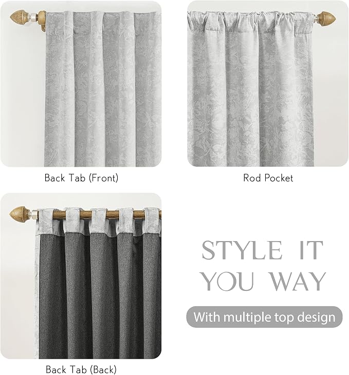 Beauoop Grey Floral Jacquard Blackout Curtains for Bedroom 52x72 2 Panels | Flower Chenille Room Darkening Drapes for Living Room 72 Inch Long Thermal Insulated Soundproof Window treatment Rod Pocket