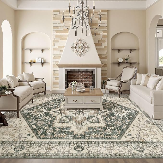 8x10 Area Rugs for Living Room - Large Carpet Ultra Thin Soft Washable Oriental Vintage Floral Distressed Rug Big Indoor Carpets for Bedroom Nursery Dorm Home Decor Aesthetic - Vintage Green
