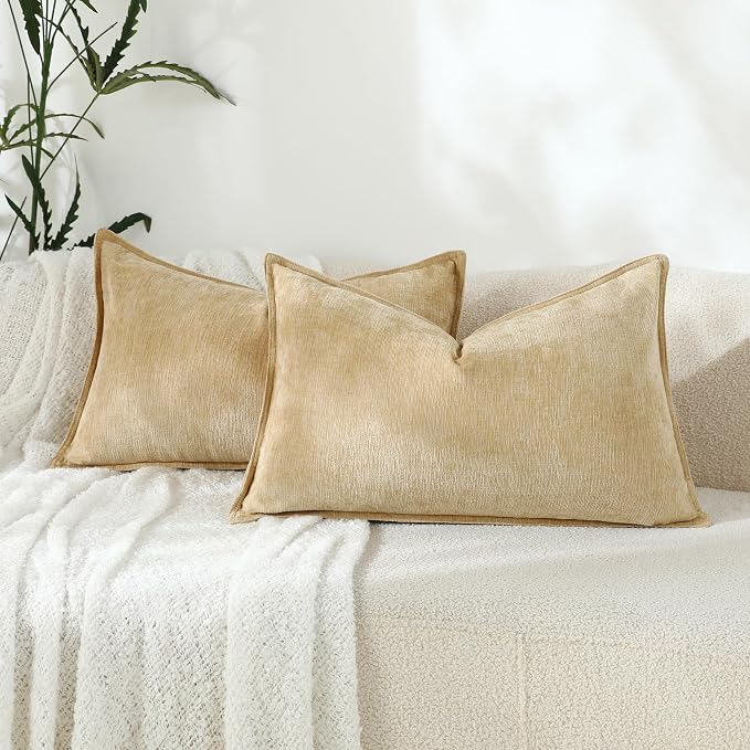 Stellhome Lumbar Chenille Throw Pillow Covers Set of 2 Super Soft Textured Decorative Pillow Covers Accent Solid Cushion Cover for Couch Sofa Bedroom Living Room 12x20 Inch, Yellow