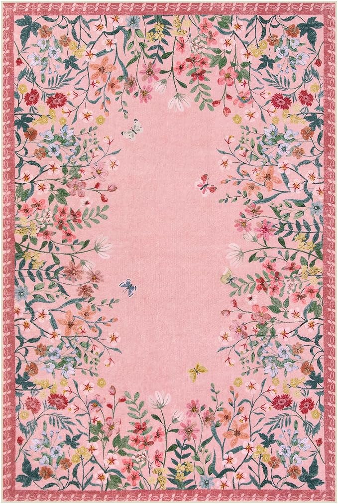Wonnitar 8x10 Washable Area Rug, Pink Floral Rug for Girls Bedroom, Boho Botanical Large Carpet for Living Room, Non Slip Cute Nursery Rug, Farmhouse Kids Playroom Decor (8x10 Pink)