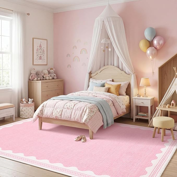 GarveeHome Washable Rugs 5x7 Area Rug for Living Room, Scalloped 5 x 7 Rug Solid Pink Modern Minimalism Low-Pile Carpet for Bedroom Dining Nursery Non Slip Mat with Rubber Back