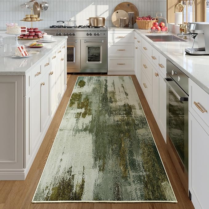 Washable Runner Rug, 2x6 Kitchen Rugs Green Long Runner Rugs with Rubber Backing, Abstract Non-Slip Carpet Runners for Hallways, Kitchen, Bedroom, Laundry, Entrance