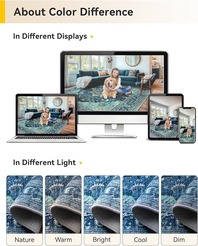 RELEANY Area Rugs Square 6ft Washable Non-Slip, Floral Vintage Distress Medallion Carpet for Living Room Bedroom Dining Room, Teal Green Lake Blue Turquoise