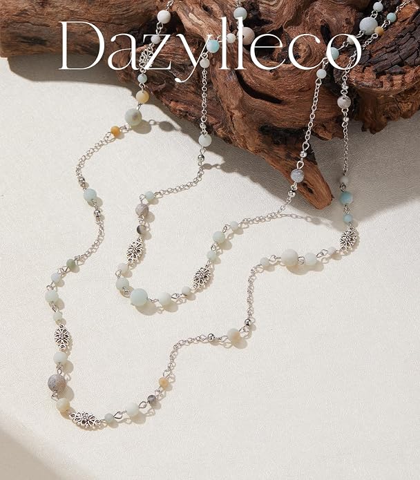 Long Beaded Silver Necklaces for Women Layered Long Statement Necklace with Stone Pearl Beads Double Sweater Chain Costume Jewelry for Women
