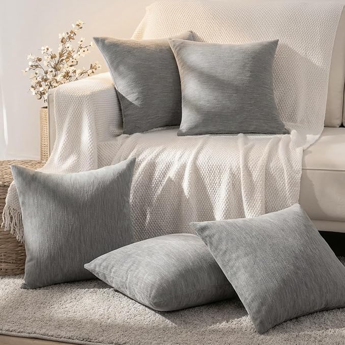 Set of 4 Grey Throw Pillow Covers 18x18 Inch, Neutral Boho Farmhouse Aesthetic Decorative Pillow Cases for Couch, Sofa, Living Room & Bed, Soft Chenille Pillow Cases, Stylish Home Decor, 45x45 cm