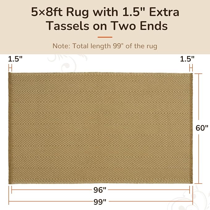 5x8 Washable Boho Area Rug with Tassels for Living Room Yellow Beige | Vacuum Friendly, Machine Washable, Non-Slip Rug, Modern Farmhouse Neutral Decor Carpet, Bedroom Dining Room Office Kitchen