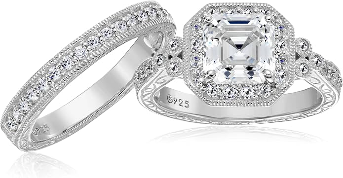 Amazon Essentials Platinum or Gold Plated Sterling Silver Antique Ring set with Asscher-Cut Infinite Elements Cubic Zirconia