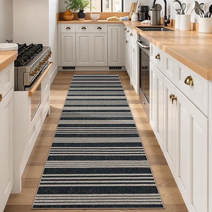 Lahome Striped Easy Jute Kitchen Runner Rug, 2x8 Washable Outdoor Rugs | Black Non Slip Indoor Entryway Runners, Modern Farmhouse Neutral Non Shedding Carpet for Hallway Porch Foyer Laundry Room