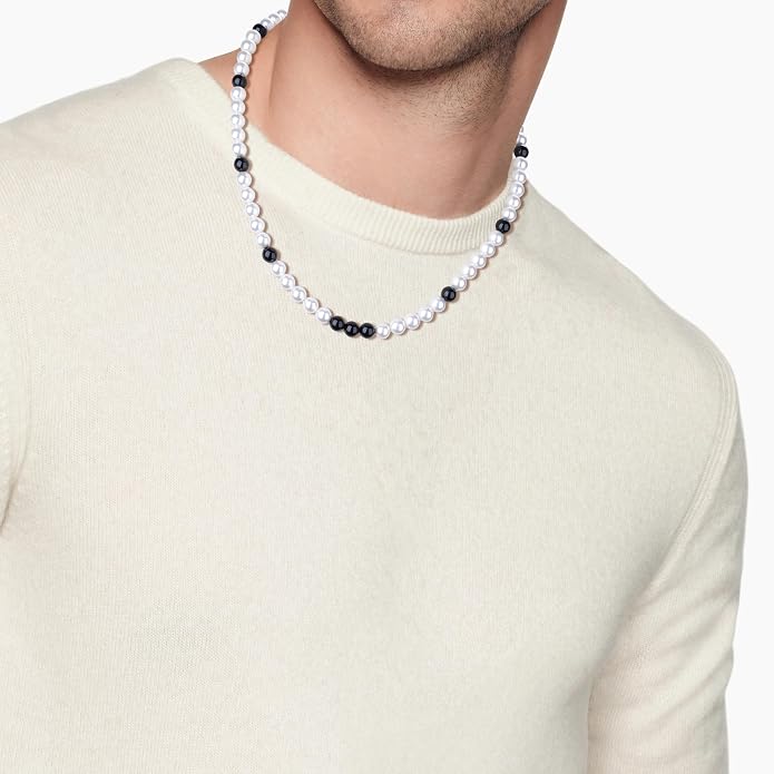 GAVU Men's Pearl Necklace, Pearl Jewelry Crystal Beaded Necklace for Men 20"/22"/24"/26"