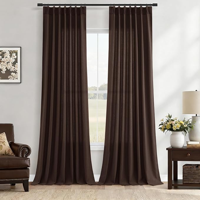Aersas Coffee Brown Pinch Pleated Linen Curtains 84 Inches Long 2 Panel Set for Living Room Bedroom Natural Pinch Pleat Back Tab Rustic Semi Sheer Curtain for Dining Bedroom Office