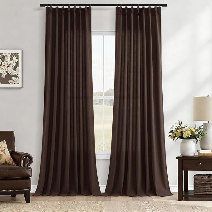Aersas Coffee Brown Linen Pinch Pleated Extra Long Curtains 108 Inches Long for Living Room Pinch Pleat Drapes Back Tab Neutral Farmhouse Country 108 Inch Curtain for Dining Bedroom Dark Brown