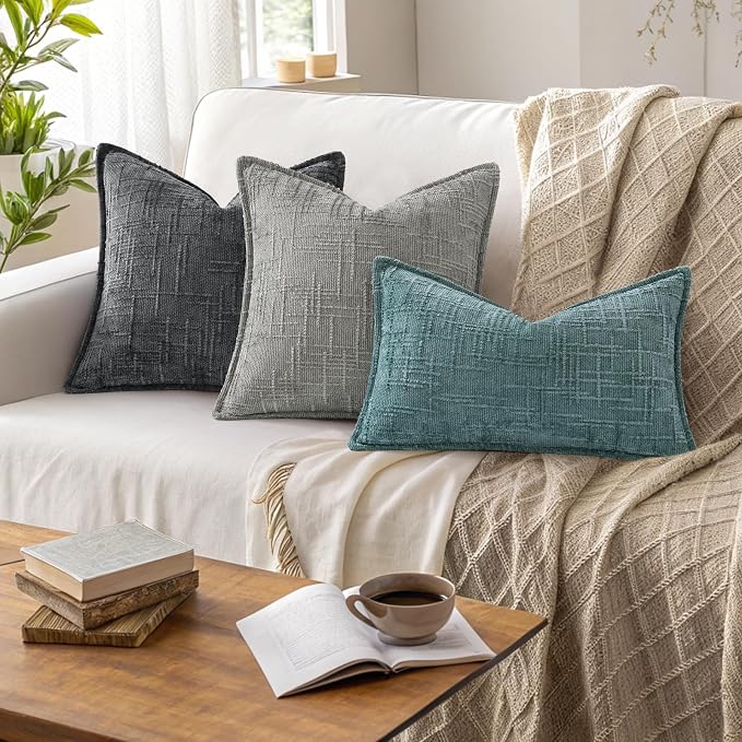decorUhome Chenille Decorative Throw Pillow Covers 12x20 Set of 2,Grey | Soft Texture, Slubby Modern Design, Flange Edges, Cozy Lumbar Accent Pillow Covers for Couch, Sofa, Bed, Living Room