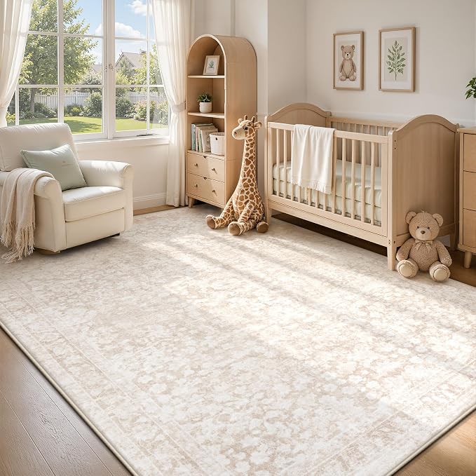5x7 Area Rugs for Living Room: Boho Vintage Washable Rug Non-Slip Soft Stain Repellent Area Rugs Indoor Low-Pile Carpet for Bedroom Nursery Office Dining Room Playroom Farmhouse (Beige, 5'x7')