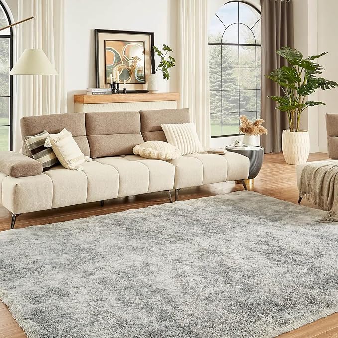 Floralux 9x12 Living Room Rug, Tie-Dyed Light Grey, Large Shag Bedroom Rugs, Soft Fluffy Shaggy Carpets