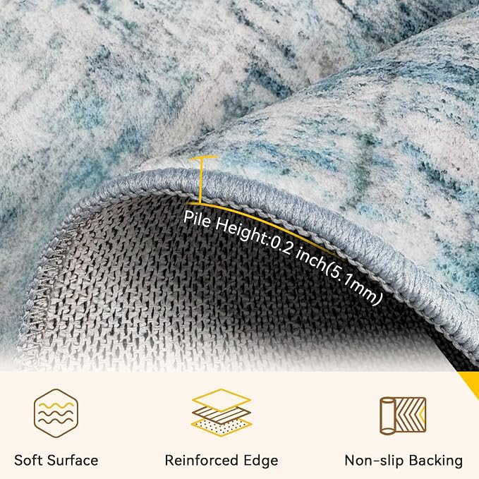 RELEANY Washable Area Rugs 5'x7' Non-Slip Modern Abstract Soft for Living Room Entryway Bedroom Kitchen, Print Pattern, Blue Teal