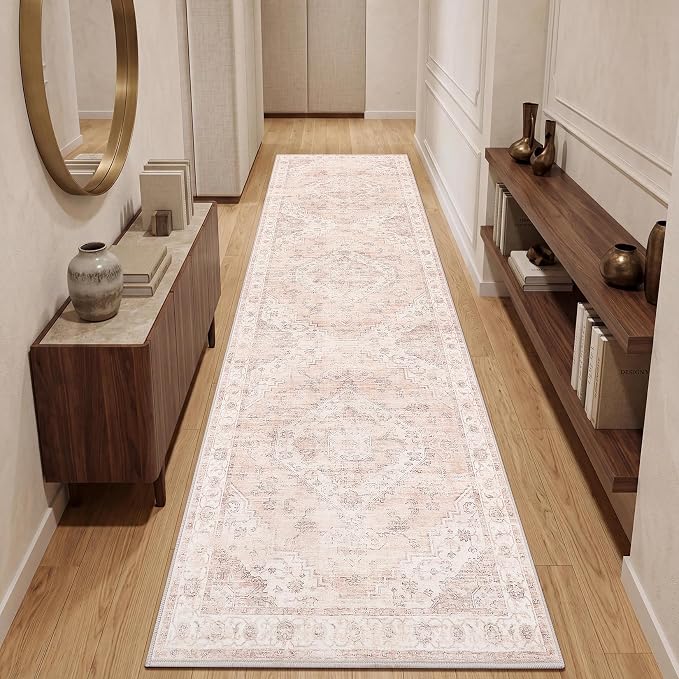 Garvee Pink 2x6 Kitchen Runner Rug Washable Non Slip Boho Vintage Long Rug for Hallway Bathroom Entryway Laundry Room Mat TPE Backing