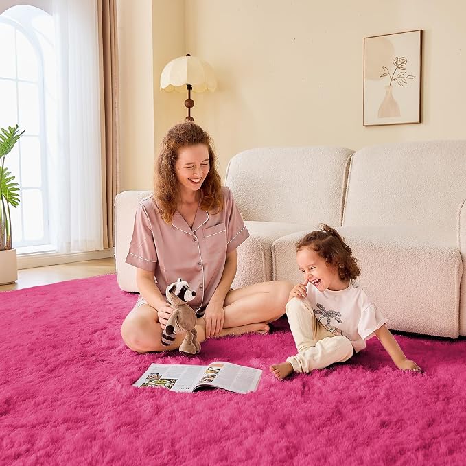 OPPODREAM 8x10 Hot Pink Rugs for Bedroom, Ultra-Soft Fluffy Area Rugs for Living Room, 8 x 10 Shag Carpet for Nursery, Kids, Girl, Boy, Baby, Plush, Fuzzy, Shaggy, Cute Home Decor