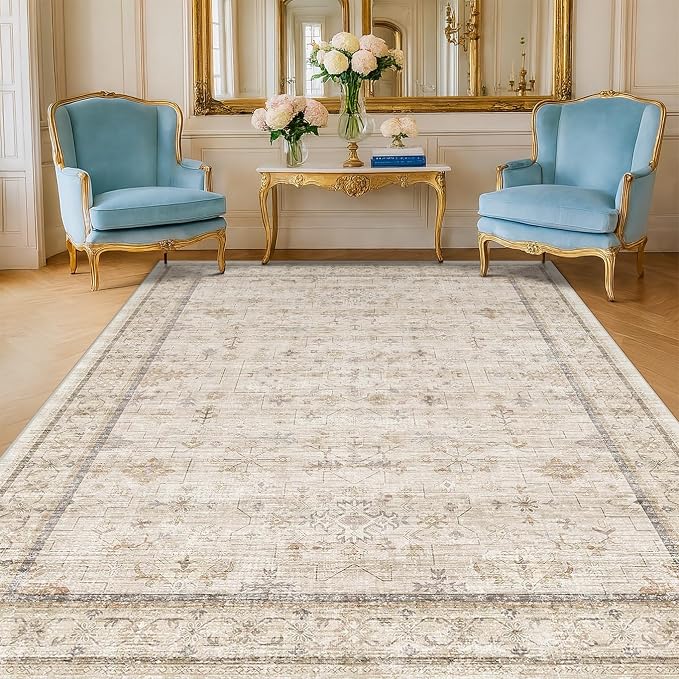 Farmhouse 6x8 Area Rug for Living Room, Beige Cream Large Rug for Bedroom, Dining Room & Home Office, Soft Modern Carpet for Neutral Home Decor, Non-Slip Washable Floor Rug for High-Traffic Areas