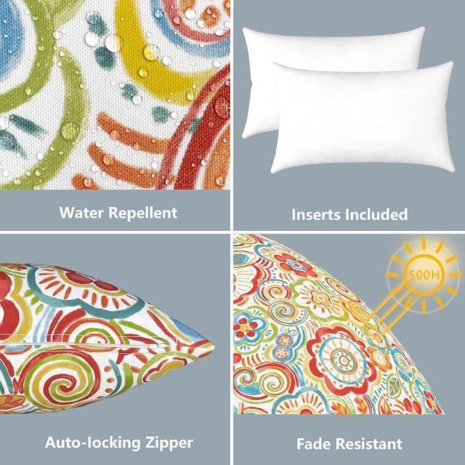LVTXIII Outdoor/Indoor Lumbar Pillows, Decorative Patio Lumbar Cushions, Fluffy Water Repellent Garden Cushions for Home Patio Coach Sofa Use, 12×20 Inch, Pack of 2, Flower Multi