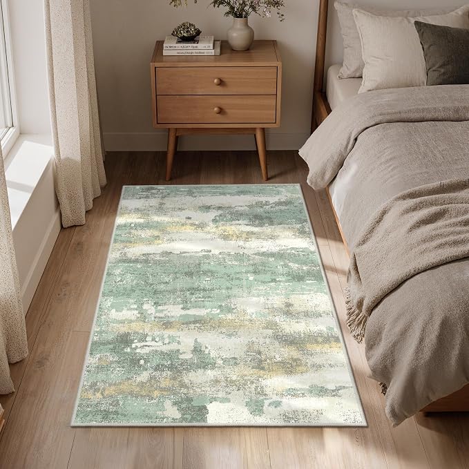 GENIMO 3x5 Area Rug for Entryway Washable, Modern Abstract Small Rugs for Hallway Living Room, Bedroom Beside, Non-Slip Low Pile Lightweight Soft Carpet, Light Green