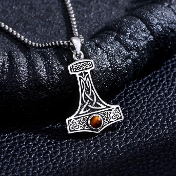 PROESS Viking Axe/Sword/Skull Necklace S925 Sterling Silver Thors Hammer Necklace Amulet Dagger Pendant Norse Viking Rune Jewelry Gifts for Men Women