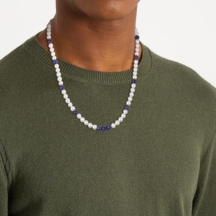 GAVU Men's Pearl Necklace, Pearl Jewelry Crystal Beaded Necklace for Men 20"/22"/24"/26"