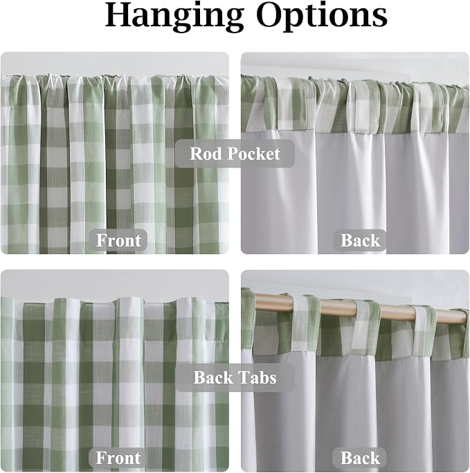 72 Inch Sage Green Plaid Full Blackout Curtains,Gingham Drapes | Gingham Drapes,Farmhouse Thermal Insulated Energy Efficient Window Treatment for Living Room Bedroom,Rod Pocket Back Tabs