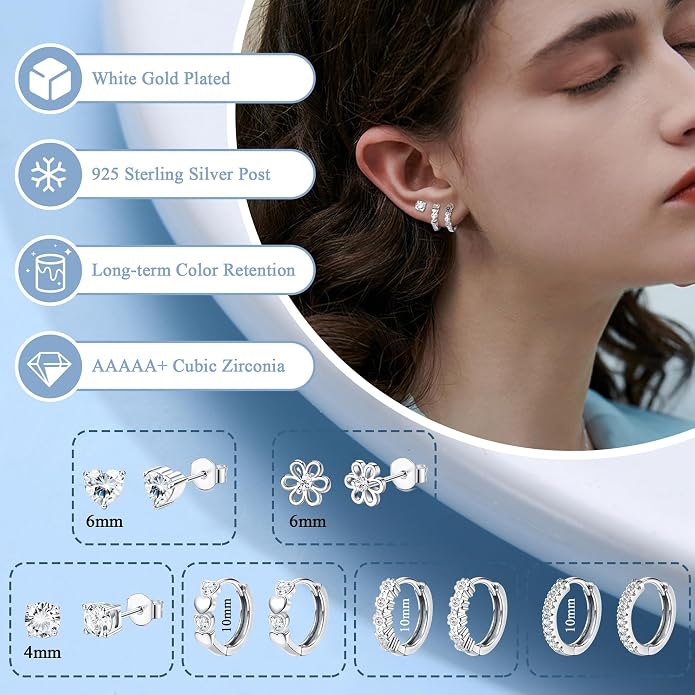 YADOCA 𝟵𝟮𝟱 𝗦𝘁𝗲𝗿𝗹𝗶𝗻𝗴 𝗦𝗶𝗹𝘃𝗲𝗿 Earrings for Girls Women - Hypoallergenic Cute Kids Toddler Earrings - Cubic Zirconia Earrings Studs Hoop Set for Sensitive Ears