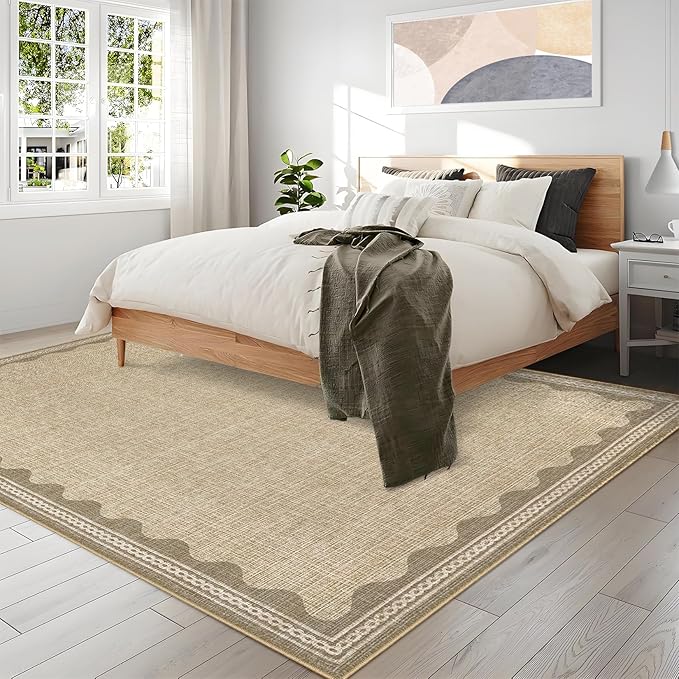 8x10 Scalloped Area Rugs Jute Washable Living Room Bedroom Rug | Solid Tan Rug for Bedroom Girls, Non Slip Throw Carpet With Rubber Back, Soft Dorm Nursery Scalloped Rugs for Dining Room